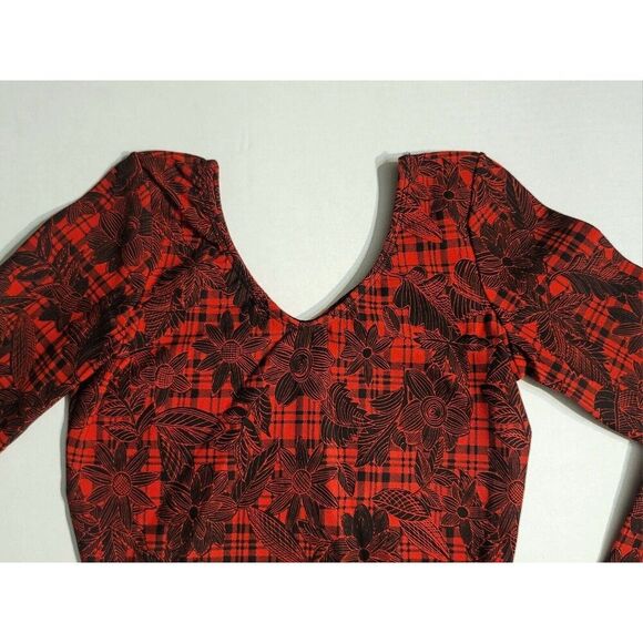GK Elite AM Long Sleeve VTG Cotton Leotard Bodysuit Red Plaid Floral Size M, NWT - Picture 3 of 13